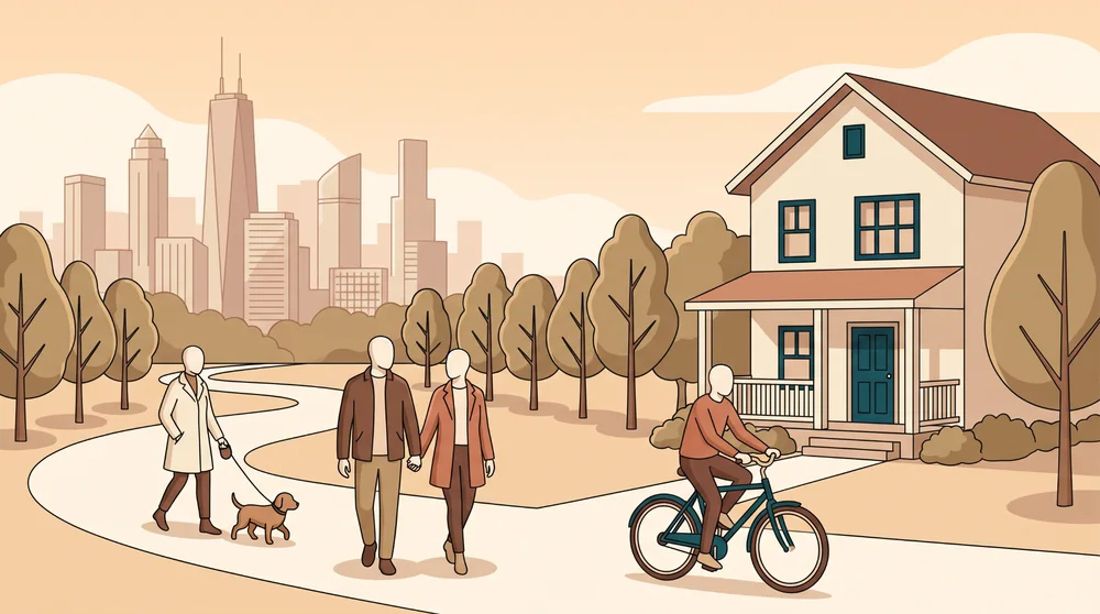 Illustrated neighborhood scene with people walking and biking, city skyline in the background