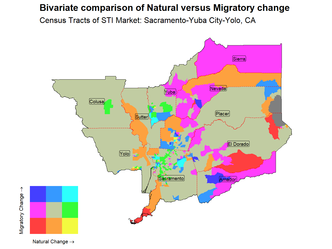 Bivariate Thematic Map of Natural versus Migratory change