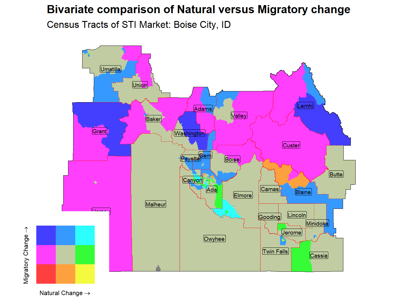 Bivariate Thematic Map of Natural versus Migratory change
