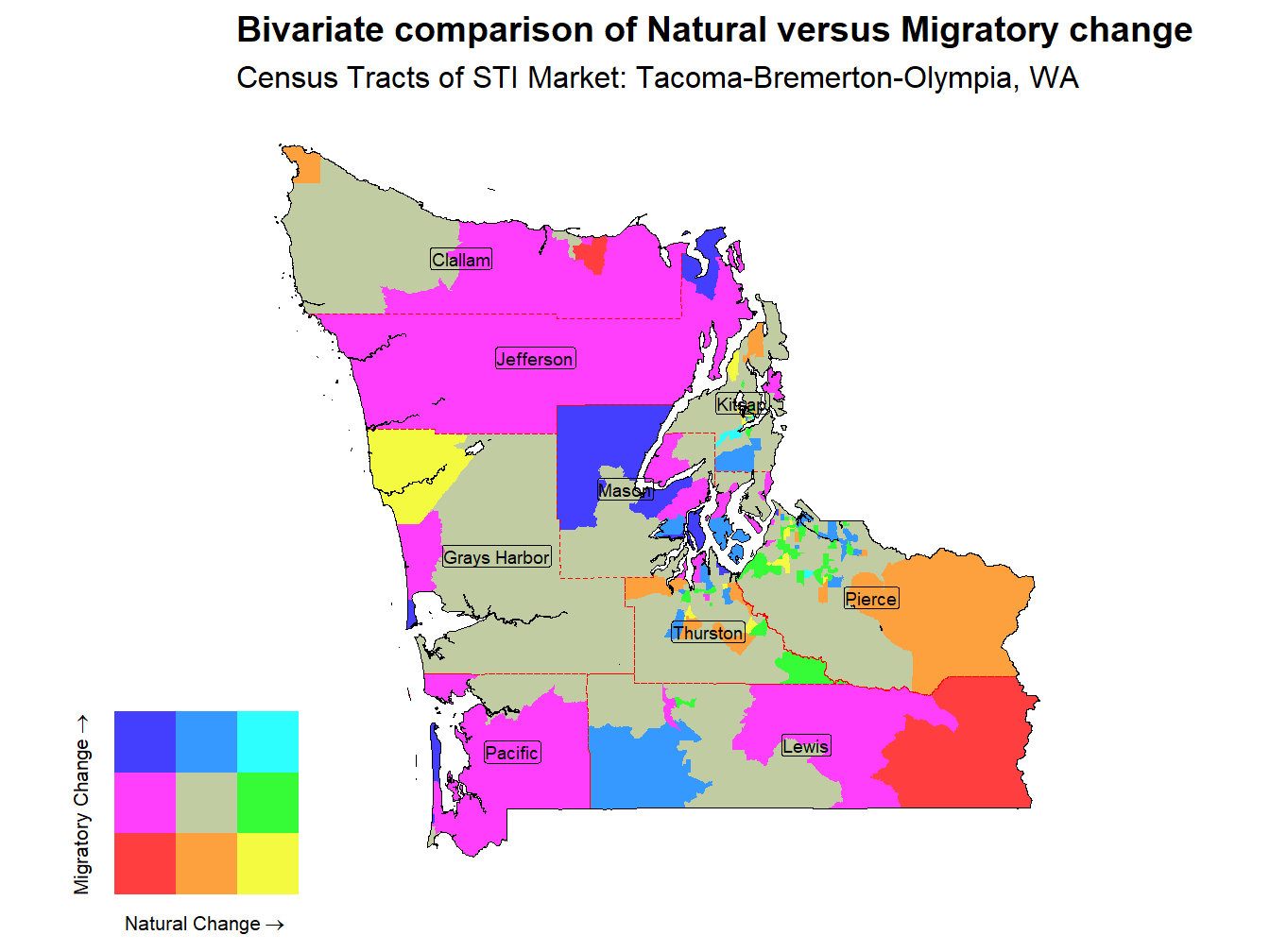 Bivariate Thematic Map of Natural versus Migratory change