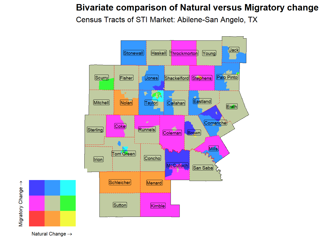 Bivariate Thematic Map of Natural versus Migratory change