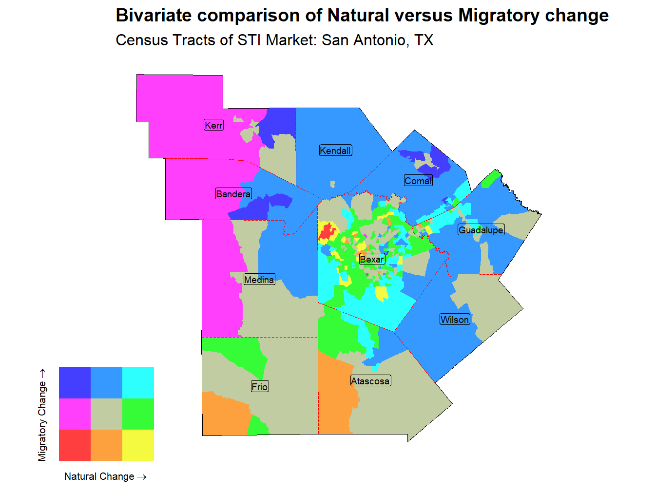 Bivariate Thematic Map of Natural versus Migratory change