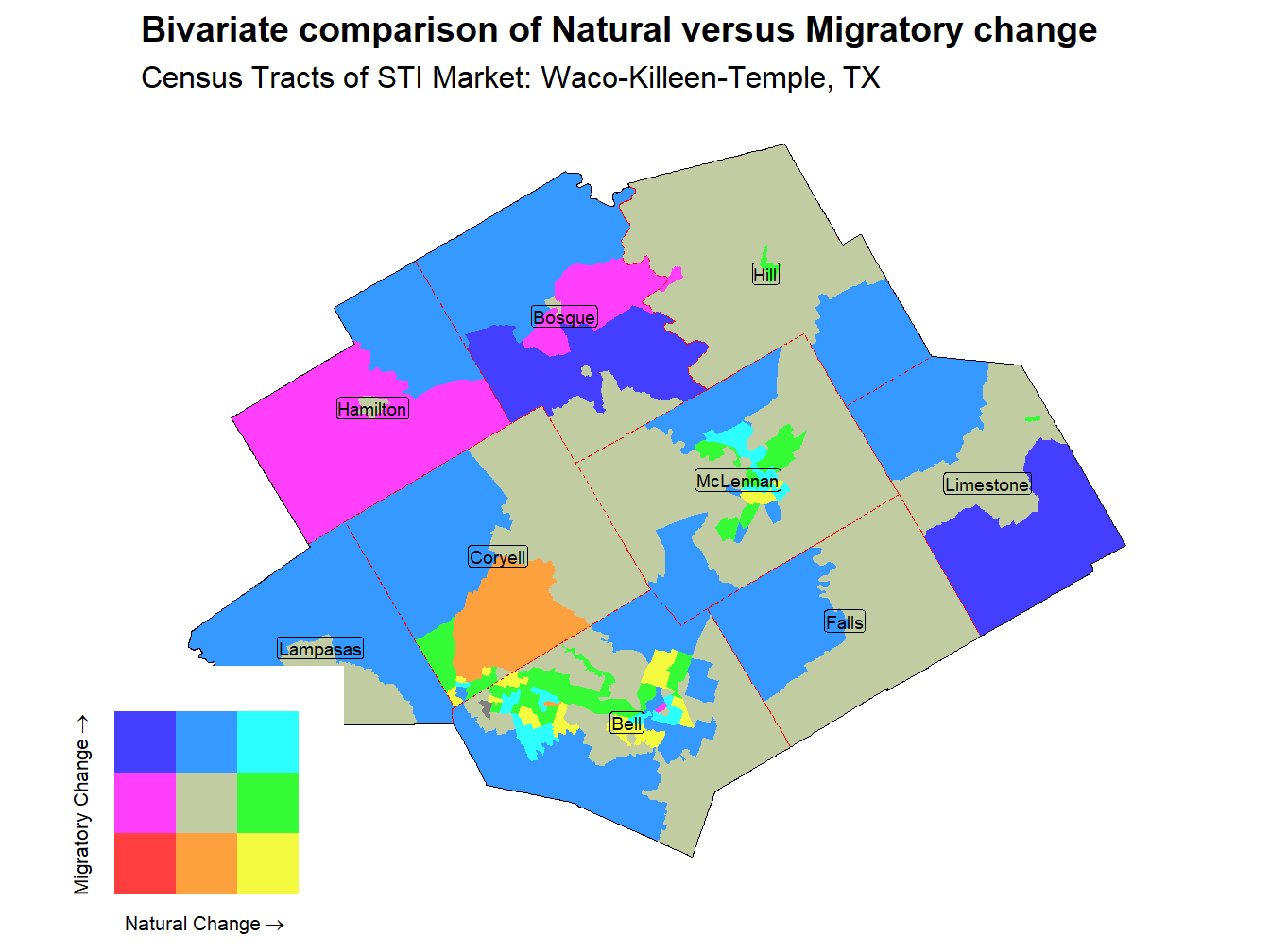 Bivariate Thematic Map of Natural versus Migratory change