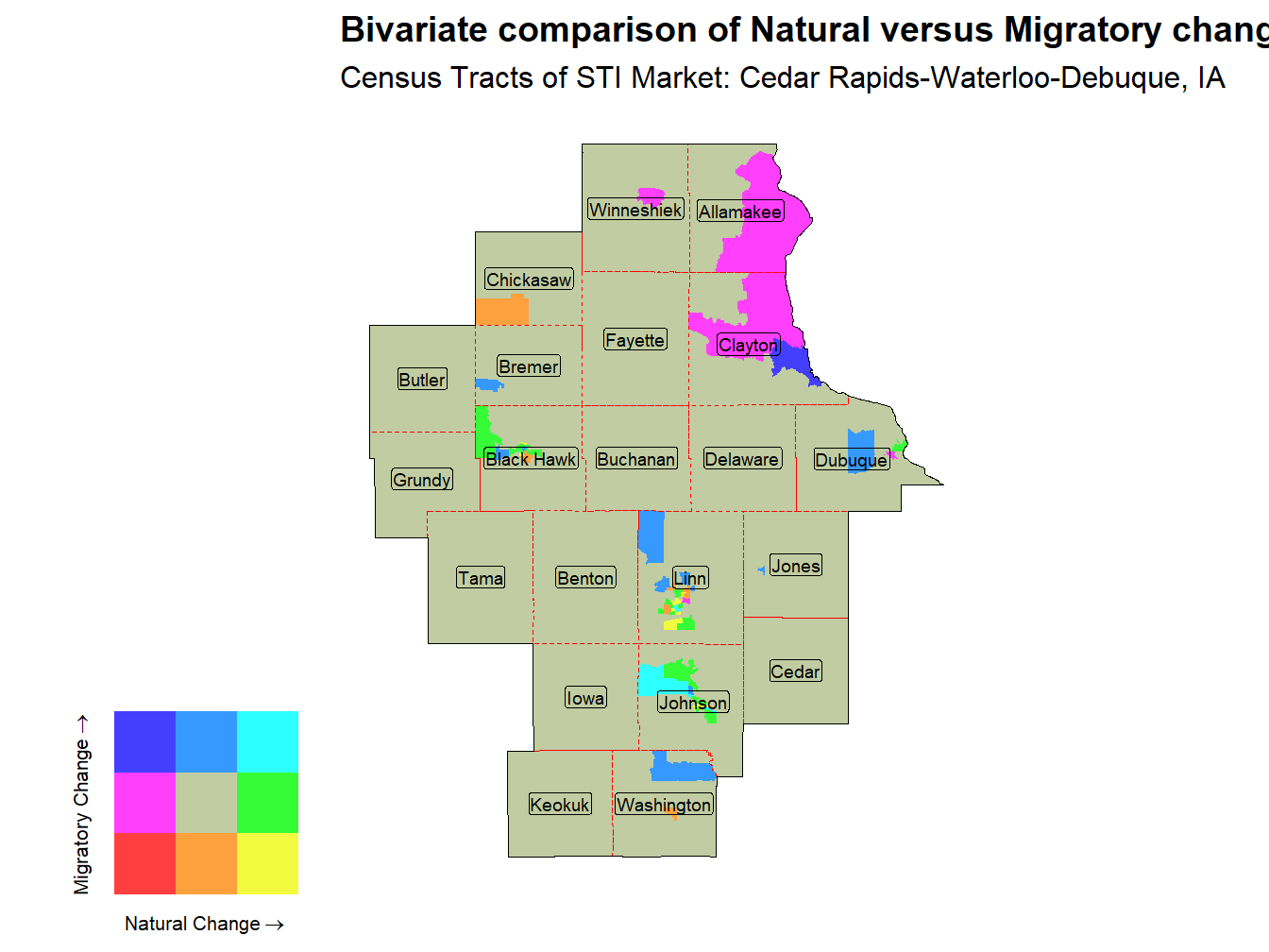Bivariate Thematic Map of Natural versus Migratory change
