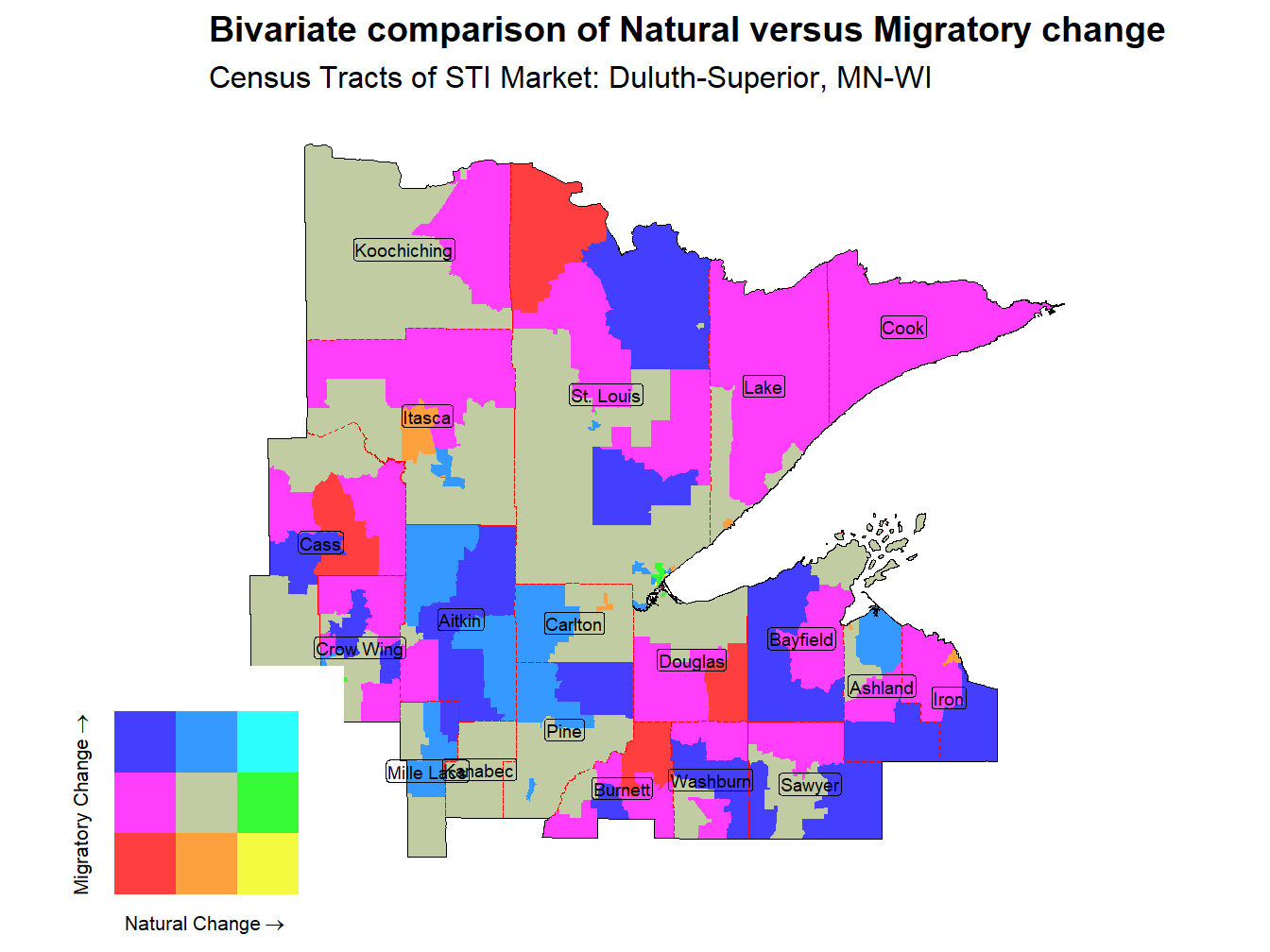 Bivariate Thematic Map of Natural versus Migratory change