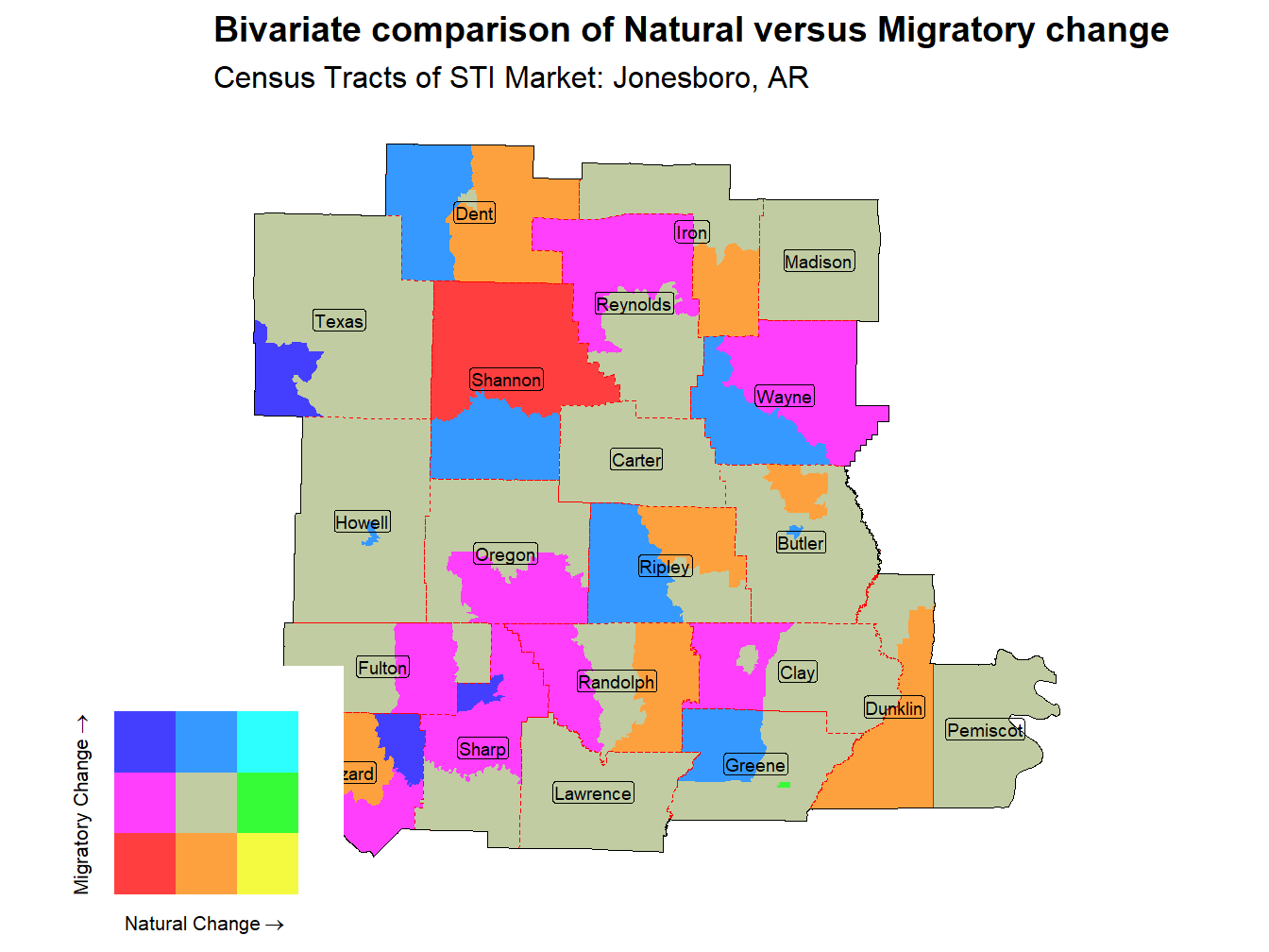Bivariate Thematic Map of Natural versus Migratory change