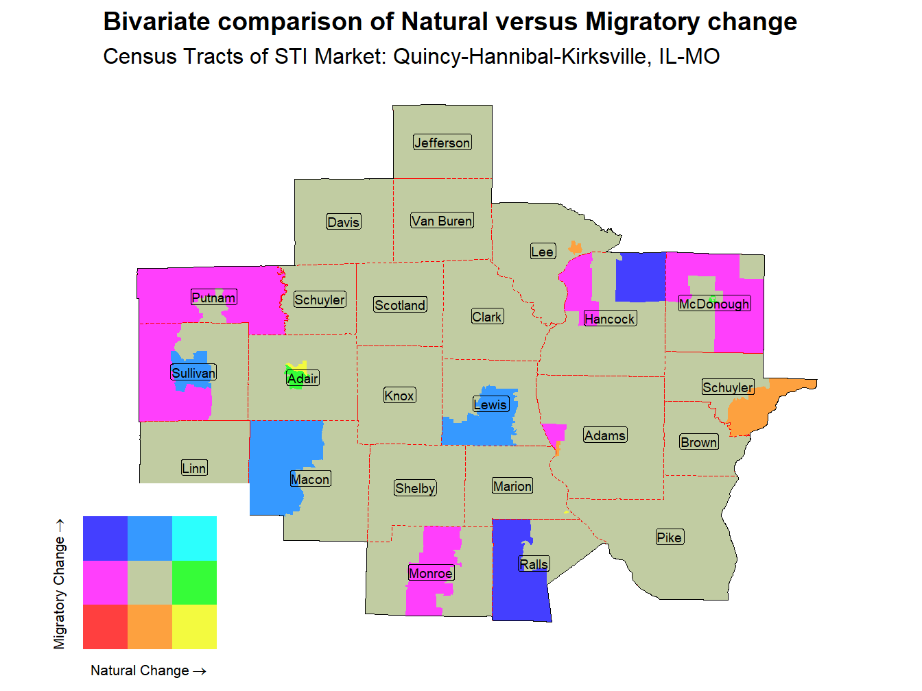 Bivariate Thematic Map of Natural versus Migratory change