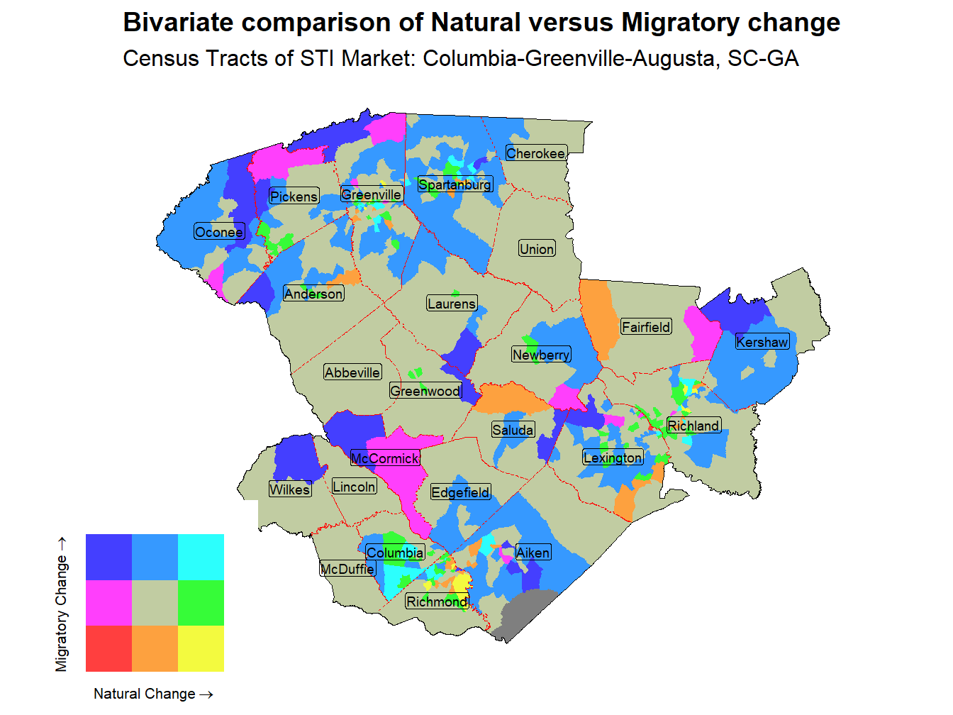 Bivariate Thematic Map of Natural versus Migratory change