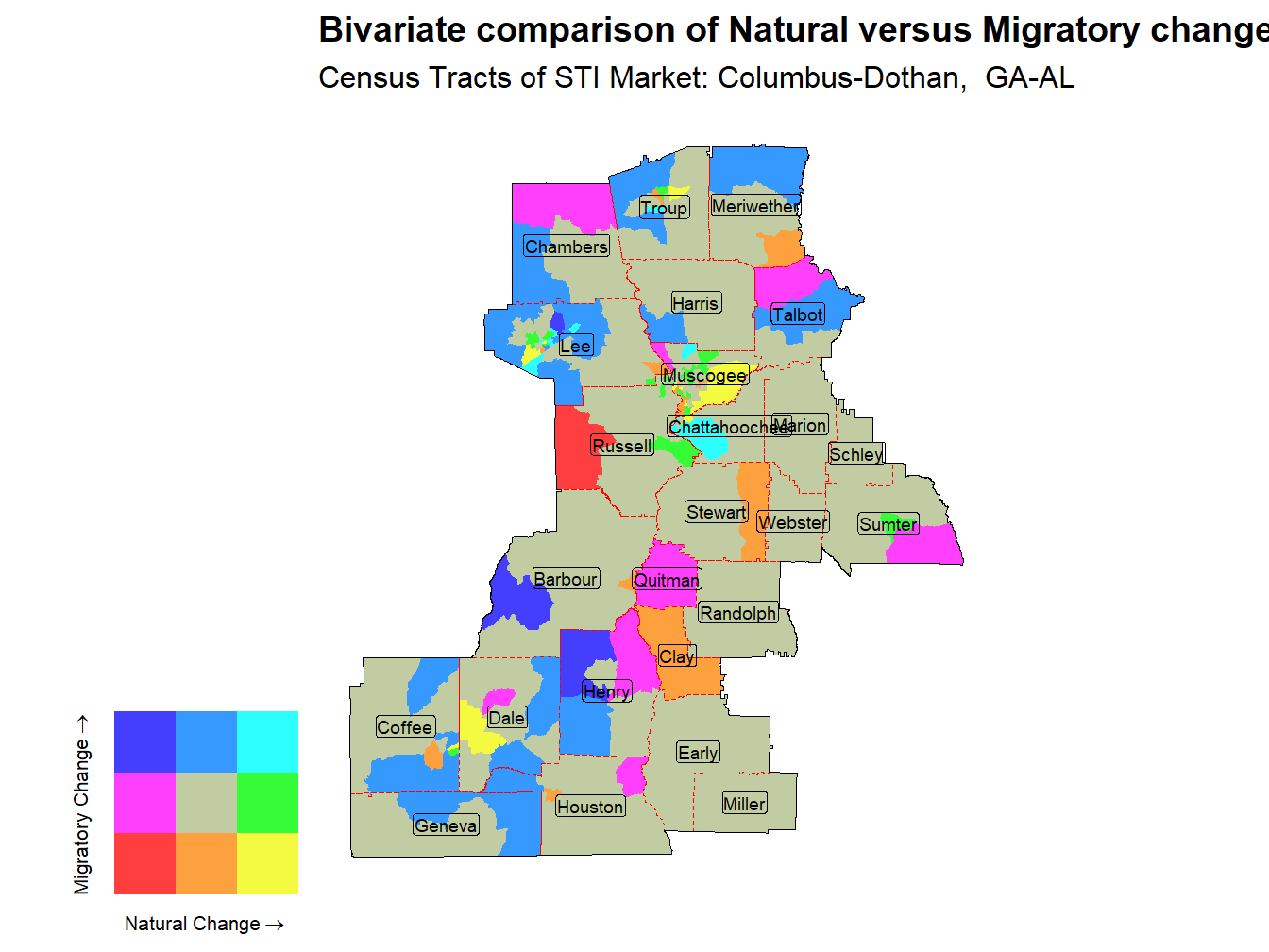 Bivariate Thematic Map of Natural versus Migratory change