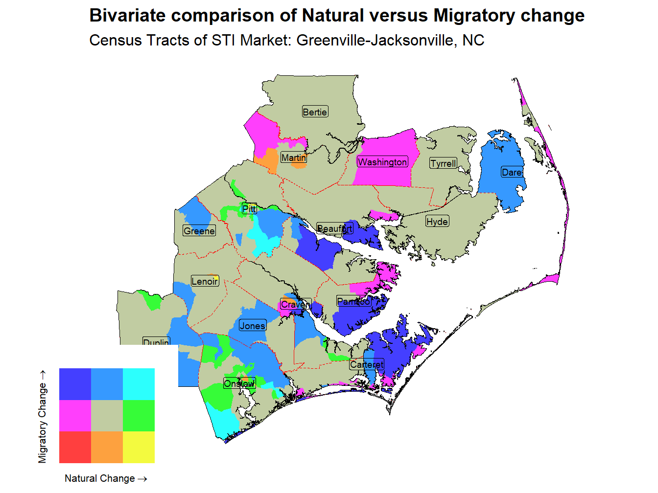 Bivariate Thematic Map of Natural versus Migratory change