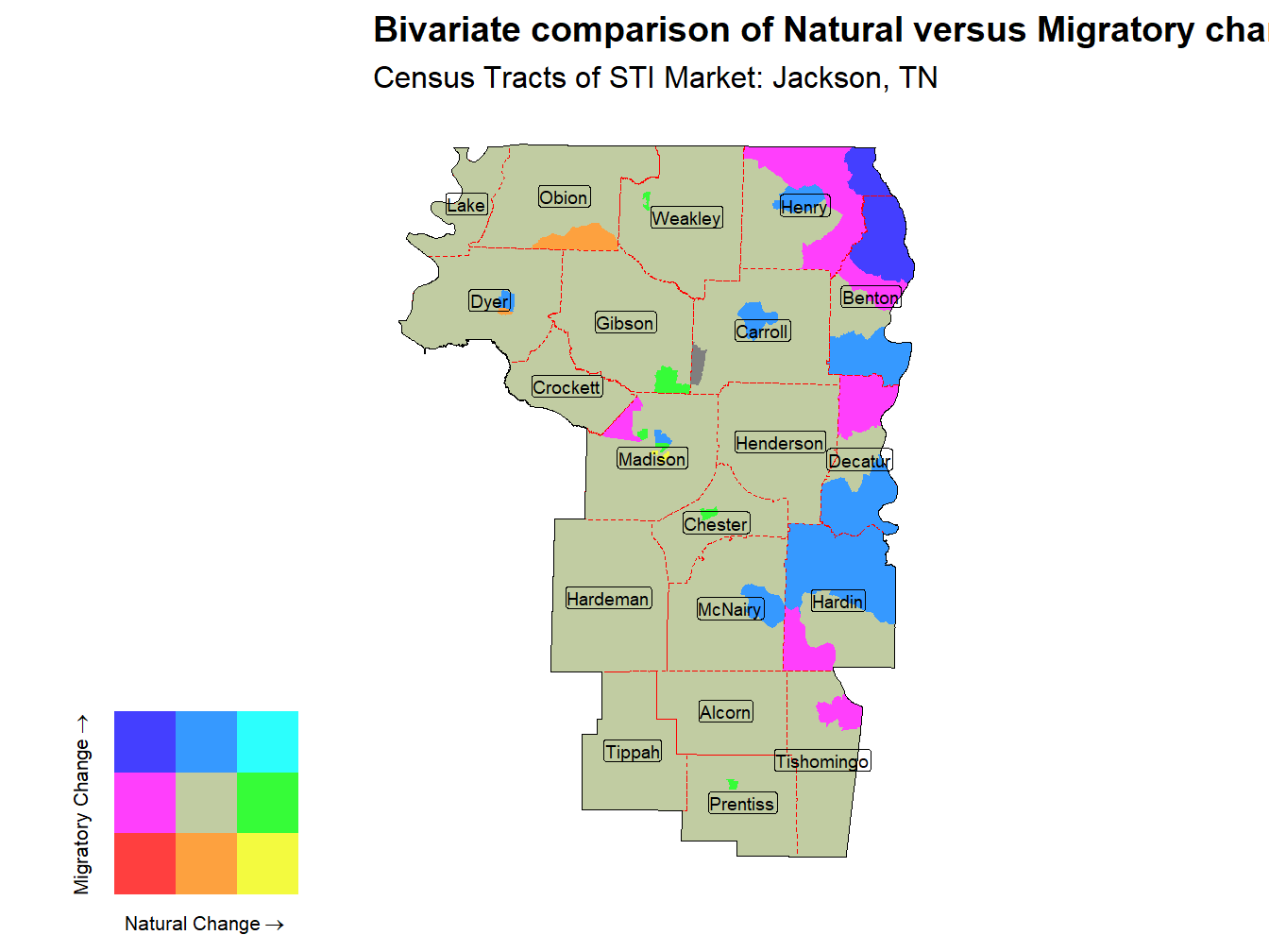 Bivariate Thematic Map of Natural versus Migratory change