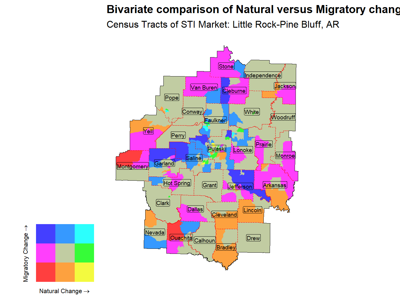 Bivariate Thematic Map of Natural versus Migratory change