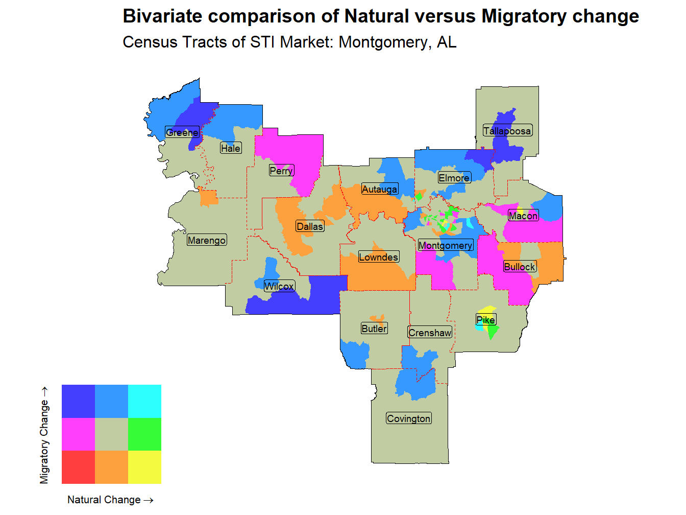 Bivariate Thematic Map of Natural versus Migratory change