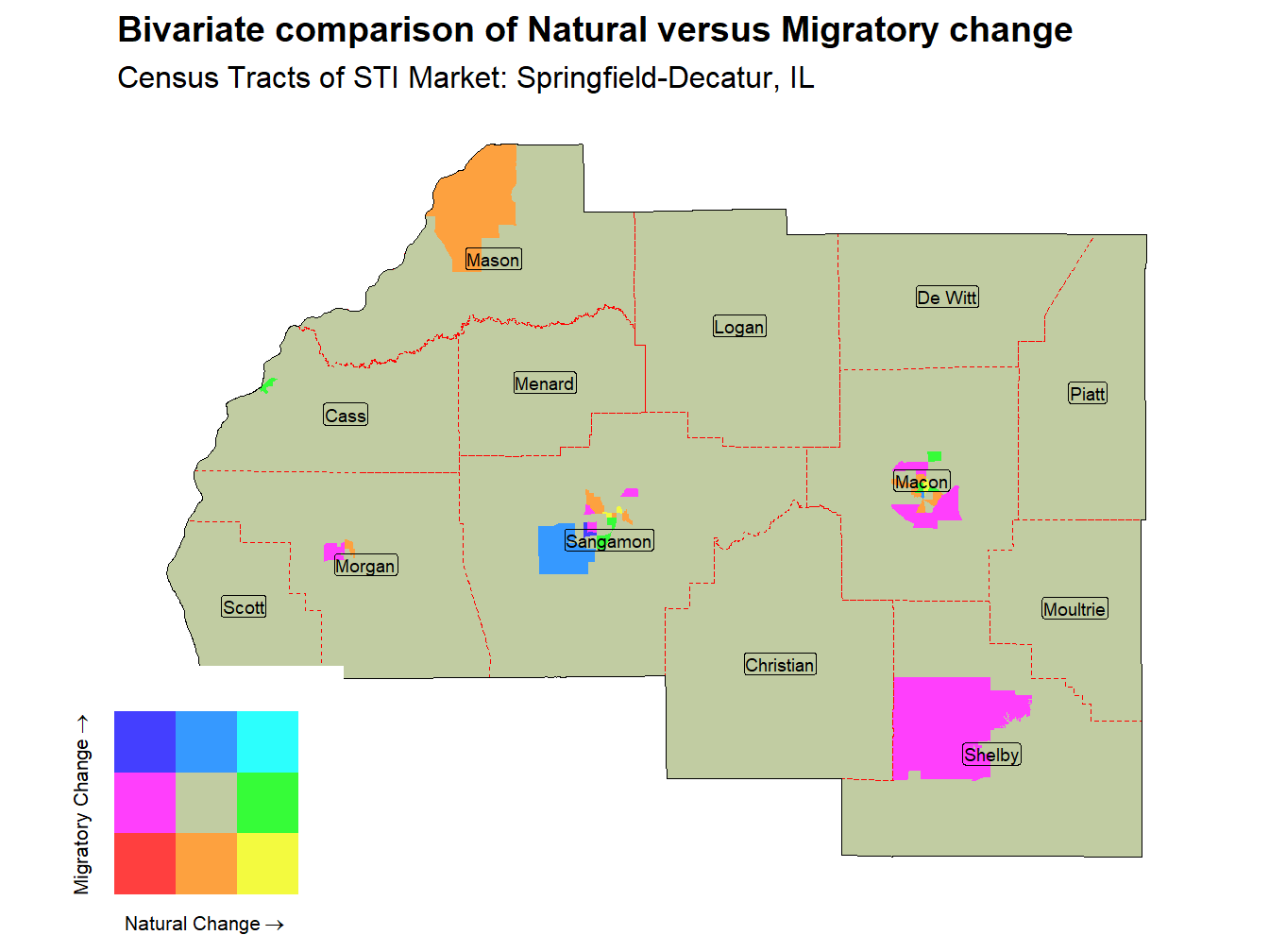 Bivariate Thematic Map of Natural versus Migratory change