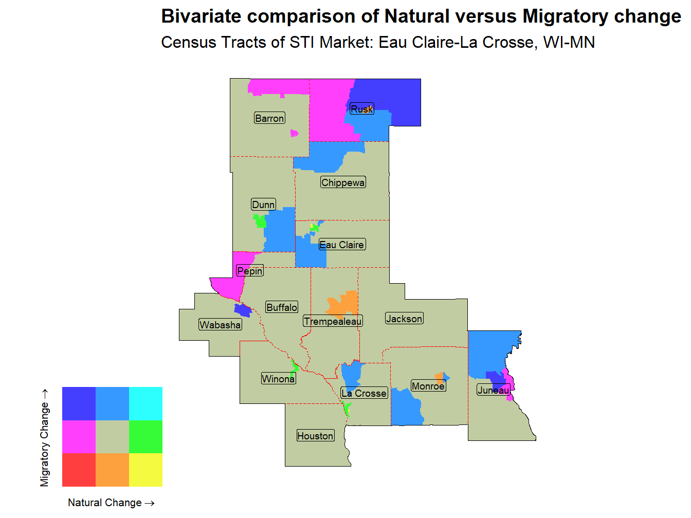 Bivariate Thematic Map of Natural versus Migratory change