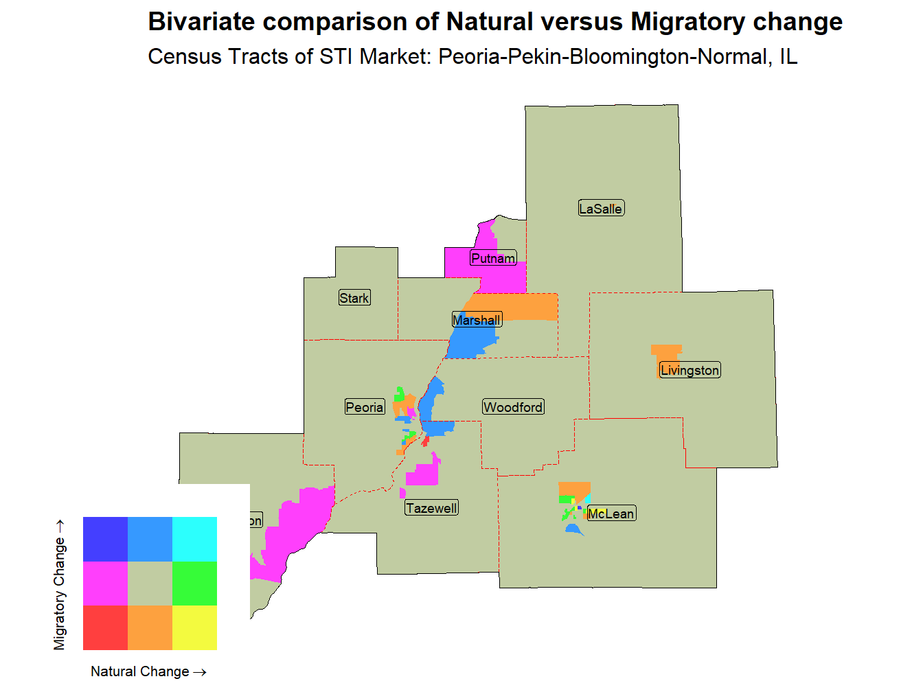 Bivariate Thematic Map of Natural versus Migratory change