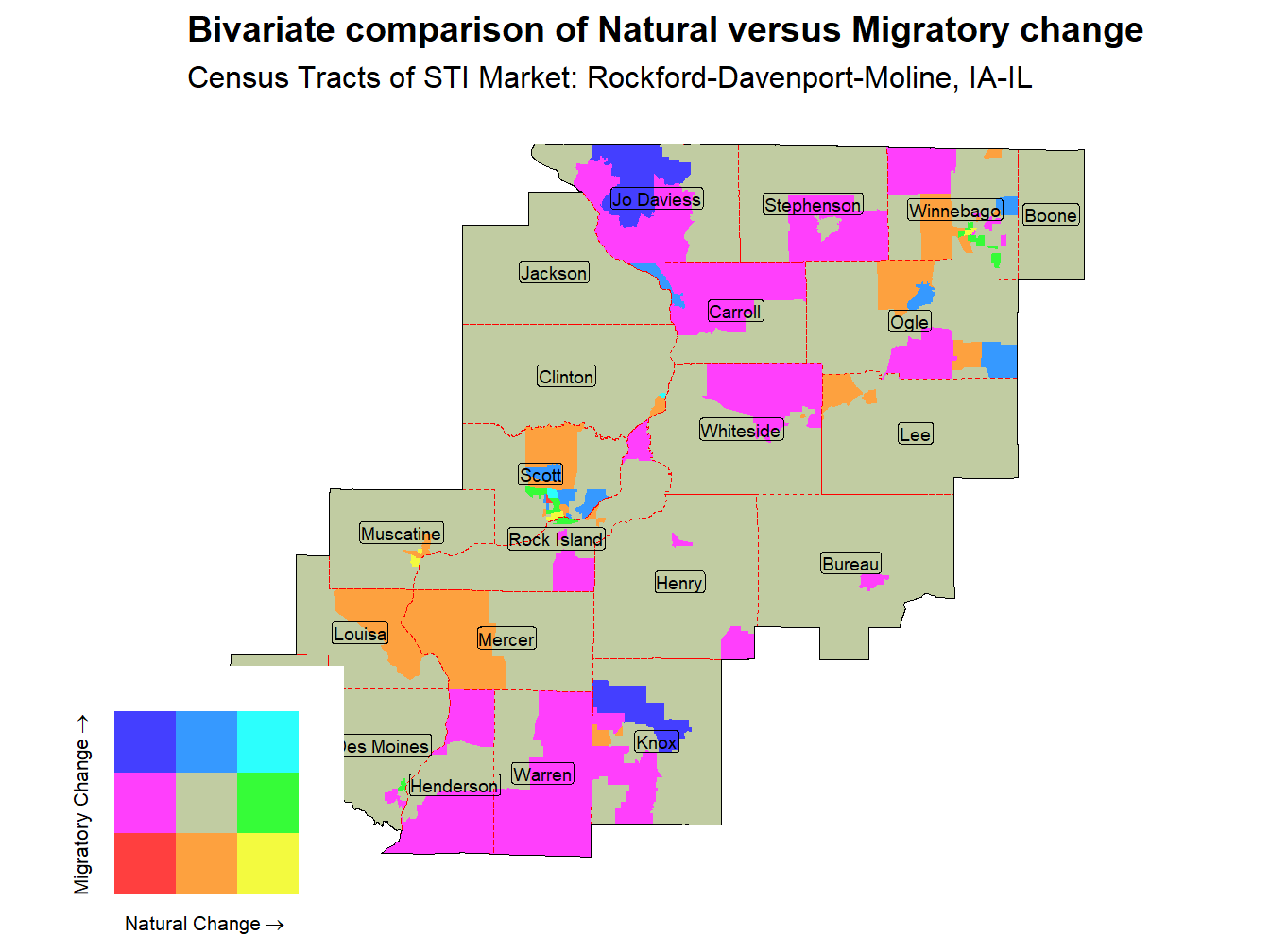 Bivariate Thematic Map of Natural versus Migratory change