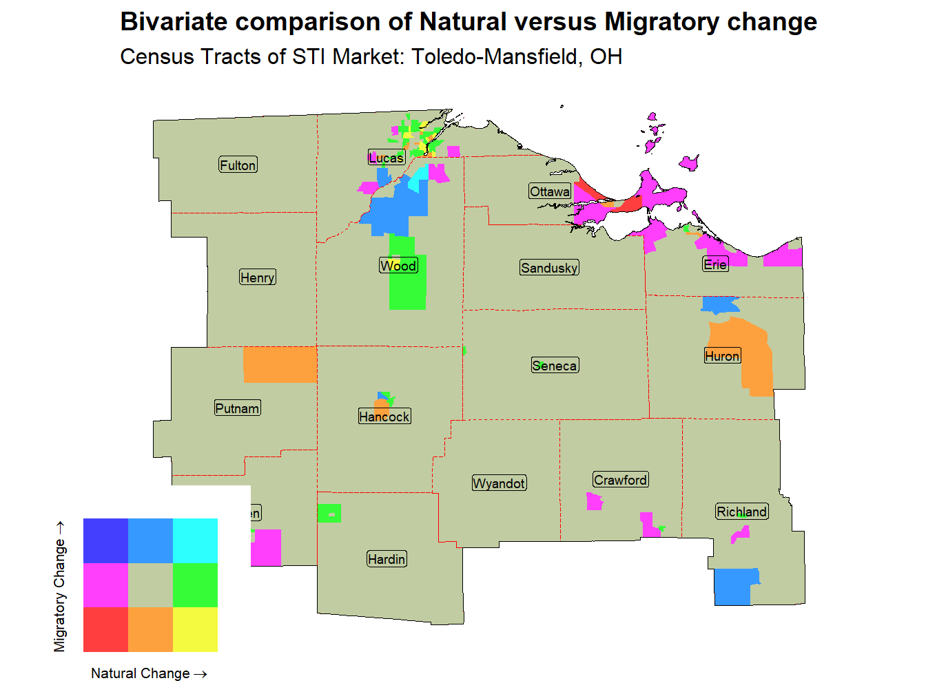 Bivariate Thematic Map of Natural versus Migratory change
