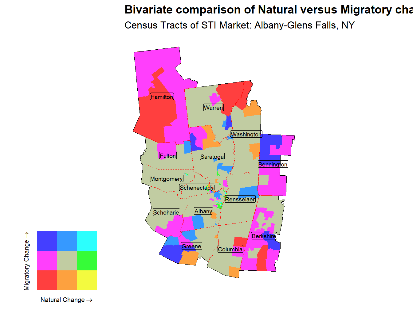 Bivariate Thematic Map of Natural versus Migratory change