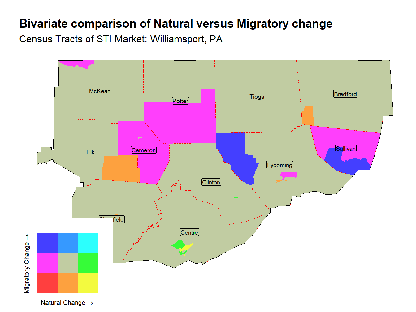 Bivariate Thematic Map of Natural versus Migratory change