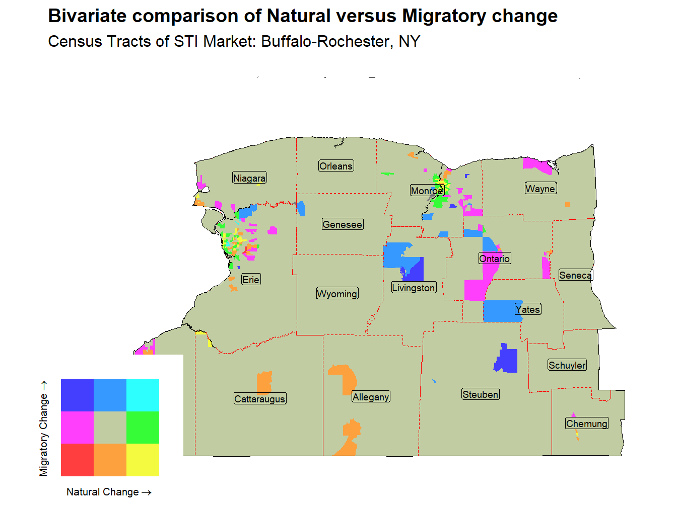 Bivariate Thematic Map of Natural versus Migratory change