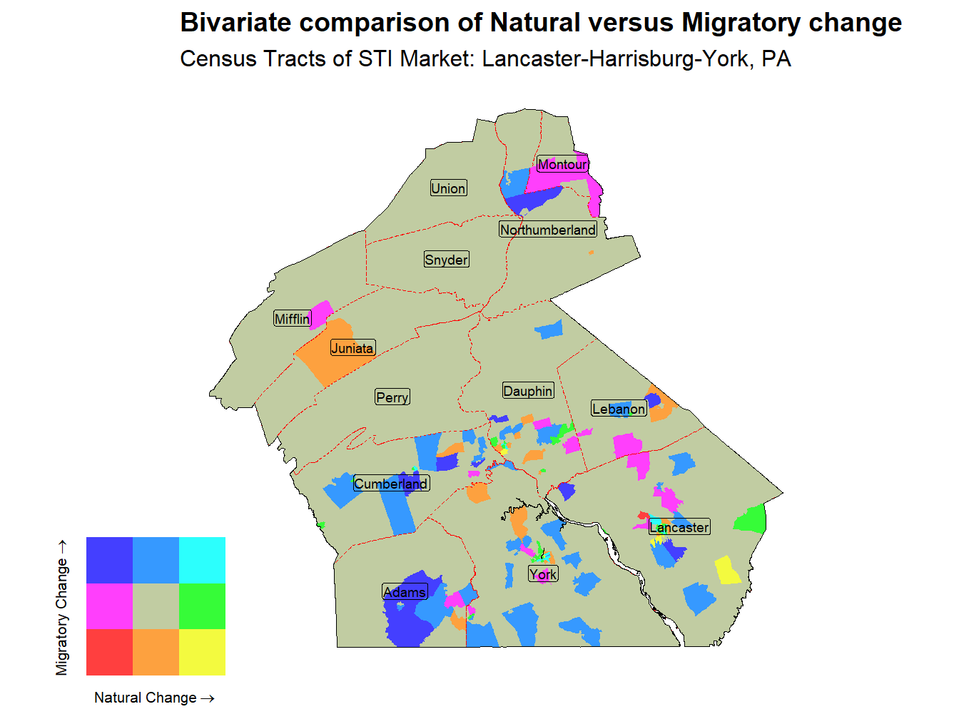 Bivariate Thematic Map of Natural versus Migratory change