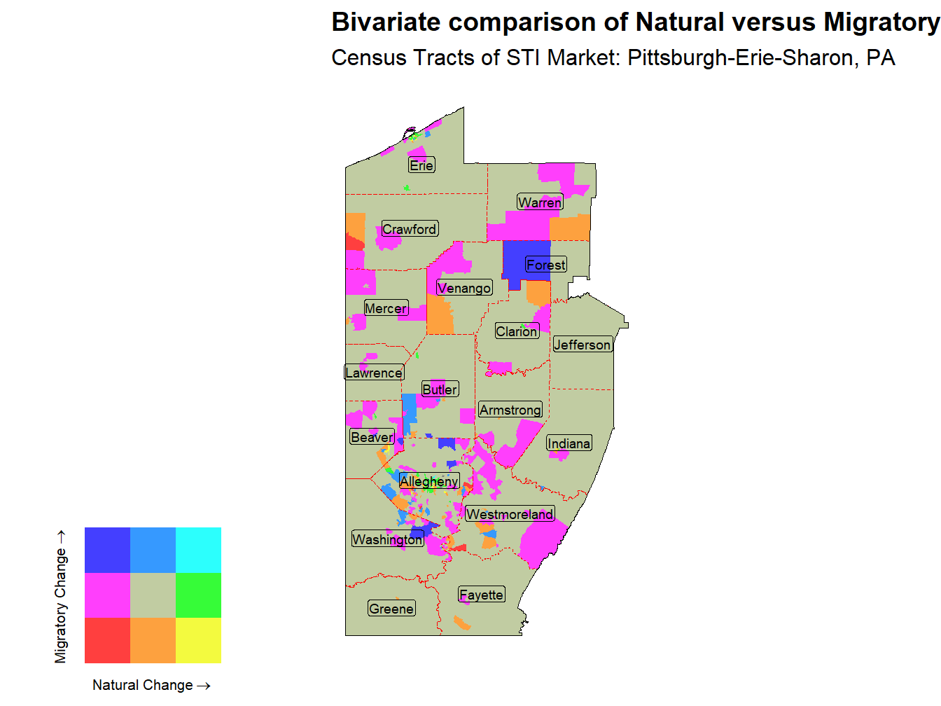 Bivariate Thematic Map of Natural versus Migratory change
