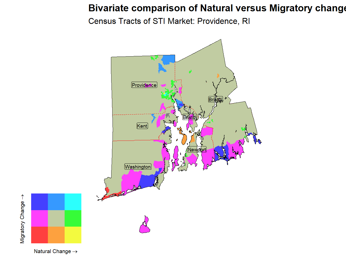 Bivariate Thematic Map of Natural versus Migratory change