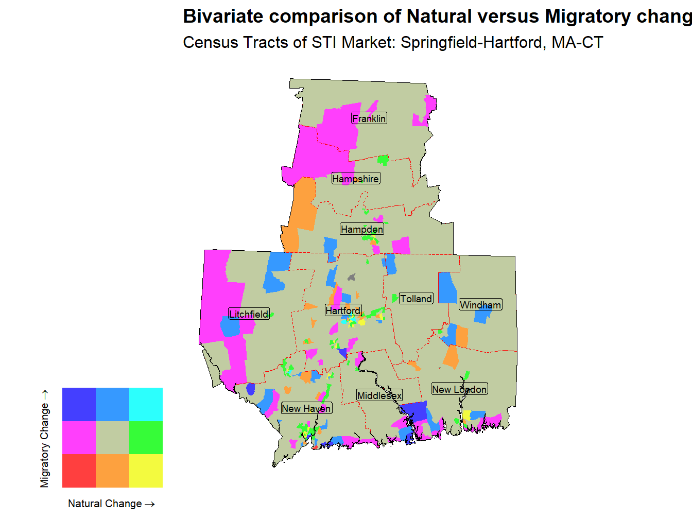 Bivariate Thematic Map of Natural versus Migratory change